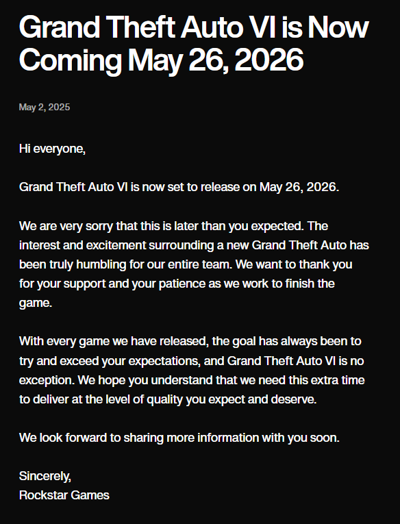 Annonce du report de GTA 6 Par Rockstar