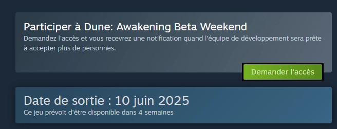 Dune Awakening bêta sur Steam - Demander laccès