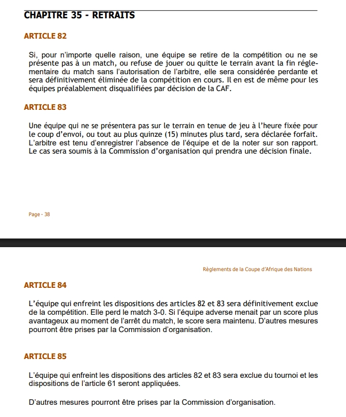 L’article 82 du règlement de la CAN