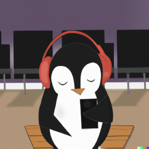 Penguin enjoying listening to music with headphones in a concert hall dolby atmos