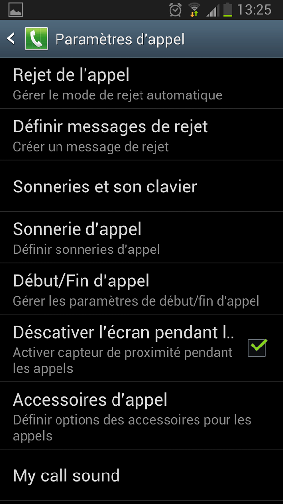 rejet appel Android menu