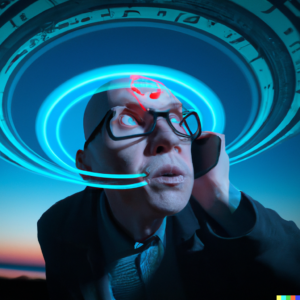 a man trying to communicate with aliens using high technology device